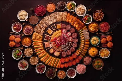 circular table setting with a variety of foods Generative AI