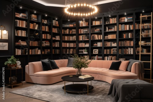 cozy living room with a bookshelf filled with books and comfortable seating Generative AI © AkuAku