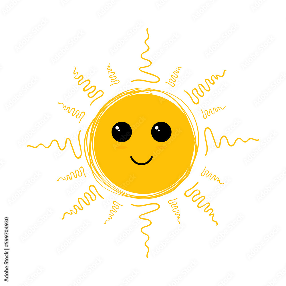 Cute sun flat vector illustrations set. Yellow childish sunny emoticons collection. Smiling sun with sunbeams cartoon character isolated on white background. T shirt print design element.