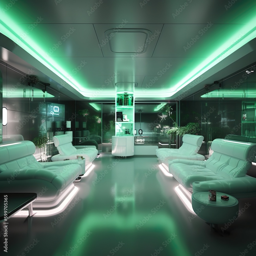 Obraz premium Open floor plan lounge, recessed lighting, teal neon 