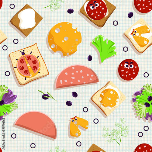Breakfast. Seamless food pattern with light blue linen texture. Slices of white and rye bread, sandwiches, butter, cheese, boiled sausage, salami, green salad, dill, Radicchio lettuce, black olives