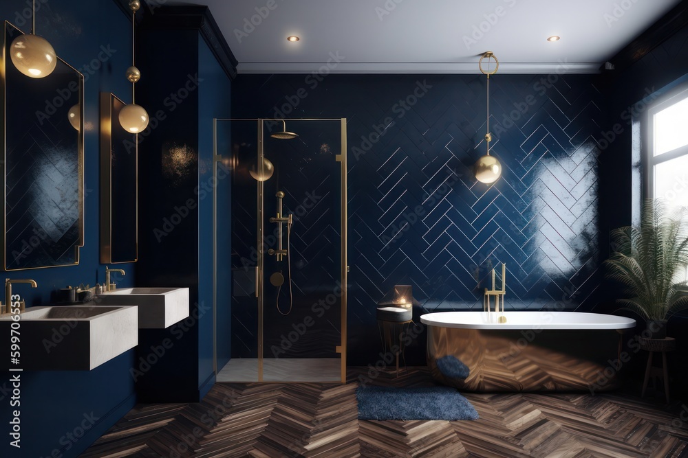 The 3D render showcases a luxurious, royal blue bathroom, fusing modern ...