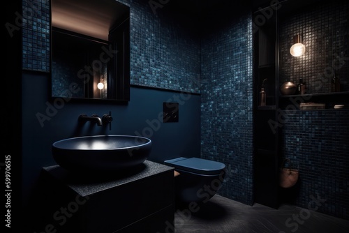 High details render of luxurious bathroom with royal blue mosaic tiles