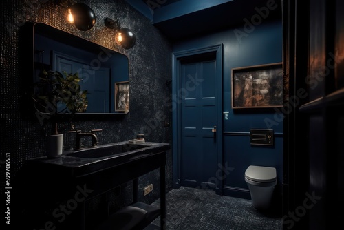 The 3D render reveals a luxurious royal blue bathroom  melding modern design and marble accents  complete with a freestanding wc and glass-enclosed shower.