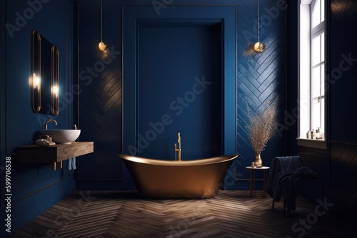 Luxurious bathroom displays an exquisite royal blue tones, modern style and marble details, featuring an elegant freestanding tub and glass-enclosed shower.