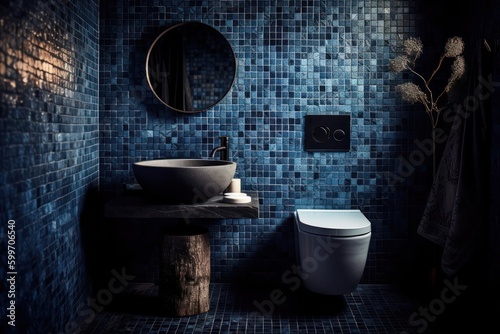 Perfect details of blue toned bathroom with mosaic tiles and elegant finishes
