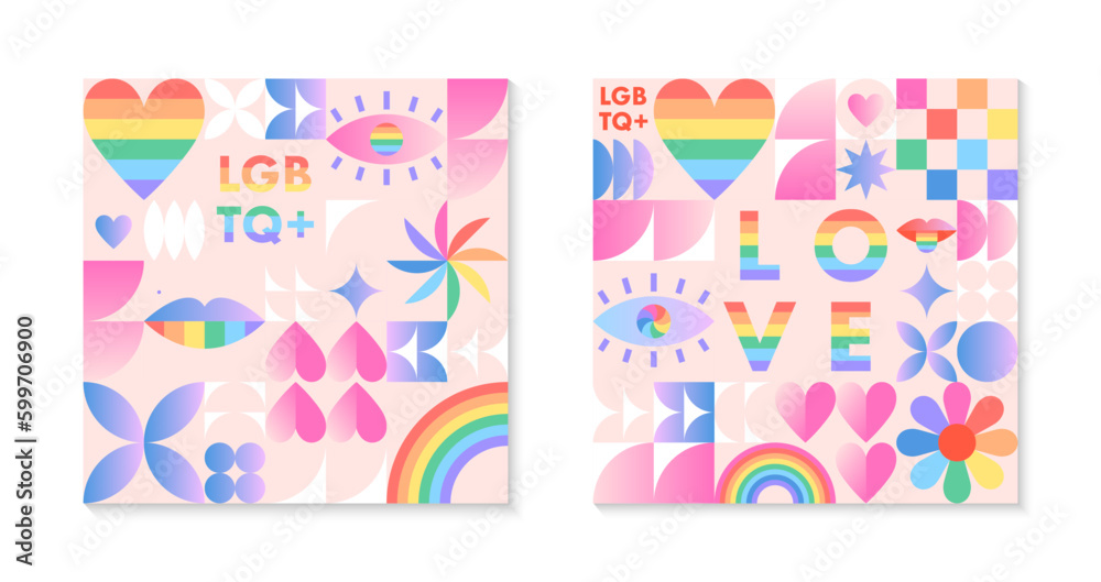 Pride month pattern templates.LGBTQ+ community vector illustrations in bauhaus style with geometric elements and rainbow lgbt symbols.Human rights movement concept.Gay parade.Colorful cover designs.