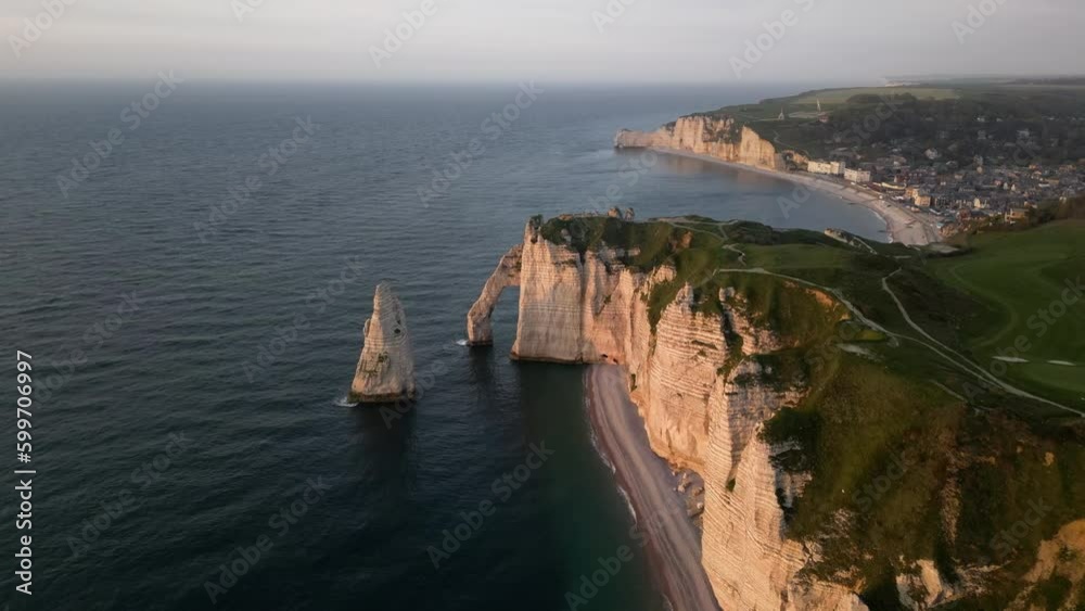 Aerial 4k drone view of Etretat. L'Aiguille, The Needle, Famous ...