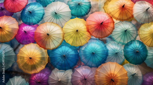 Colorful umbrellas pattern in air. Vintage background . Generative AI
