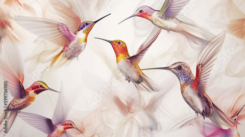 Pink Hummingbirds, pomantic abstract pattern, pastel light background. Generative AI photo