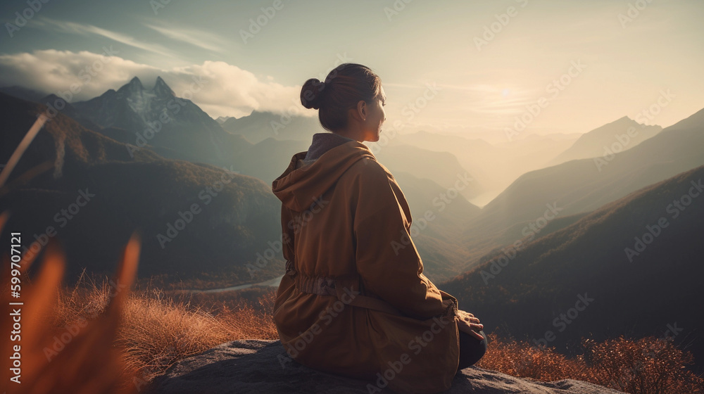 Rear view of woman meditating in the mountains Rear view of woman meditating in the mountains
