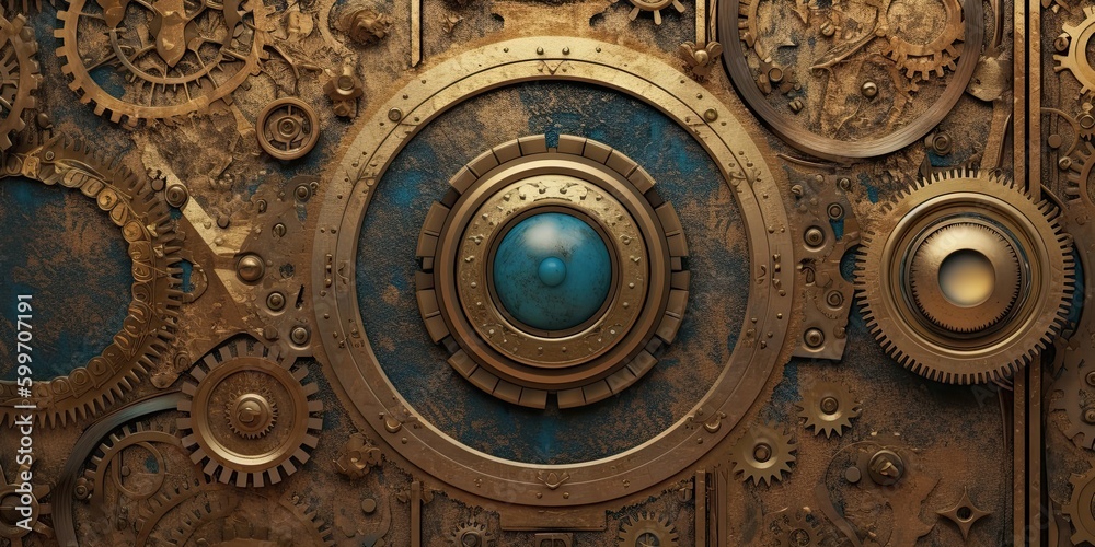 Steampunk background made of brass with gears and an eye-type feature for presentation  generative AI Art