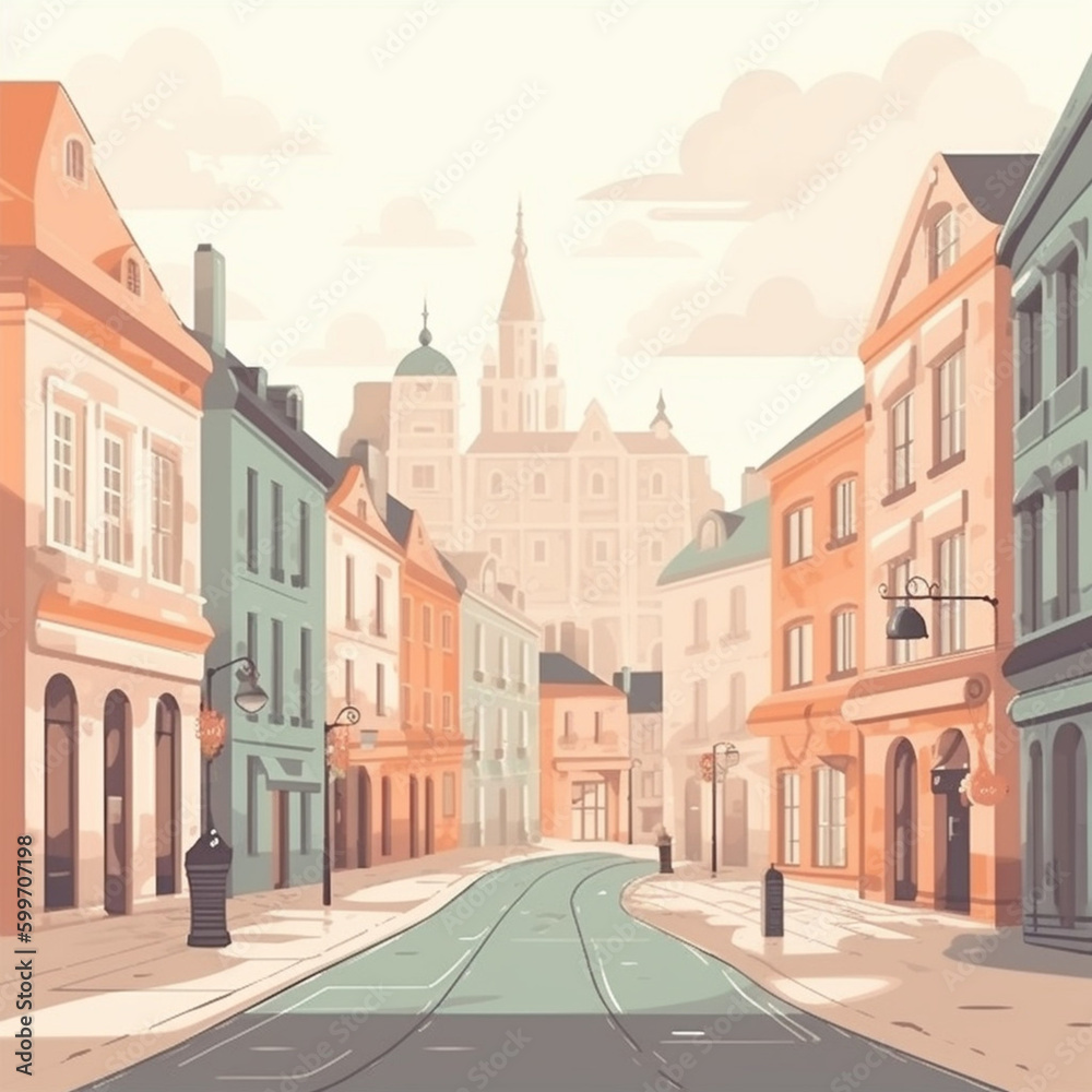 European city street illustration in warm colors