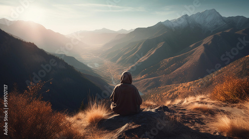 Rear view of woman meditating in the mountains