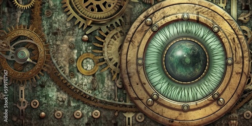 Steampunk background made of brass with gears and an eye-type feature for presentation generative AI Art