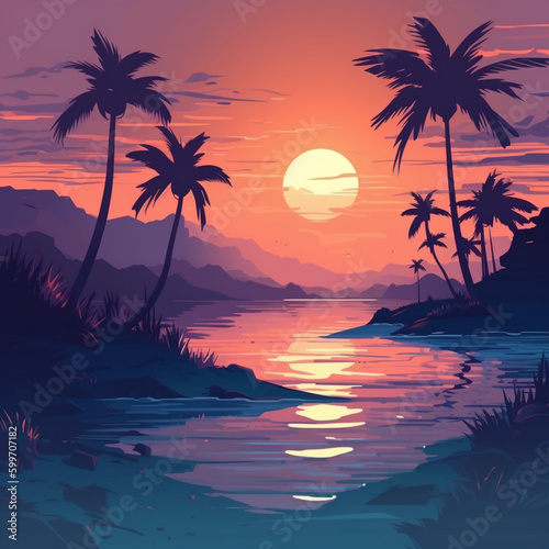 Palm and sea during sunset vertical illustration