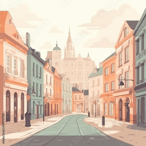 European city street illustration in warm colors
