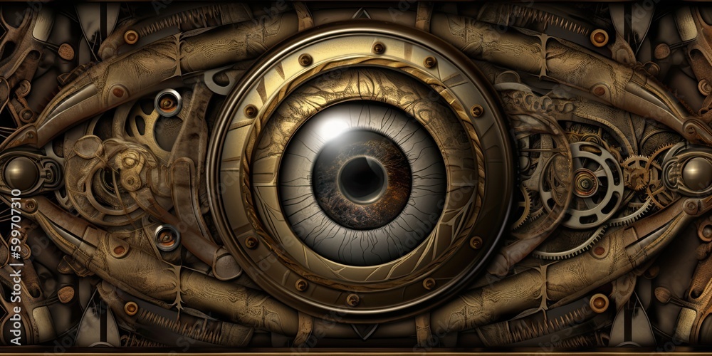 Steampunk background made of brass with an eye-looking feature - generative AI art