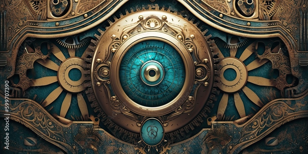 Steampunk background made of brass with an eye-looking feature - generative AI art