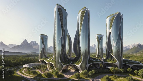 Landscape of a sci-fi futuristic skyscraper village masterplan in nature, surrounded by lush broadleaf vegetation - Generative AI Illustration