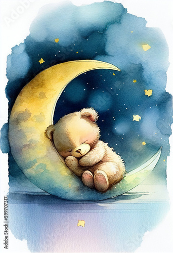 Teddy bear sleeping on the moon 