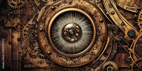 Steampunk background made of brass with an eye-looking feature - generative AI art © meredith blaché 