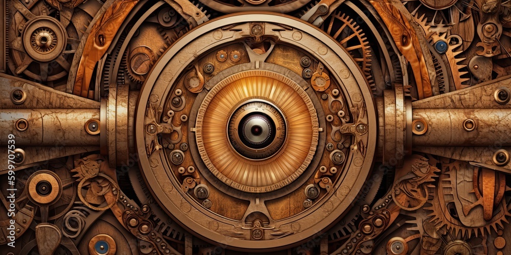 Steampunk background made of brass with an eye-looking feature - generative AI art