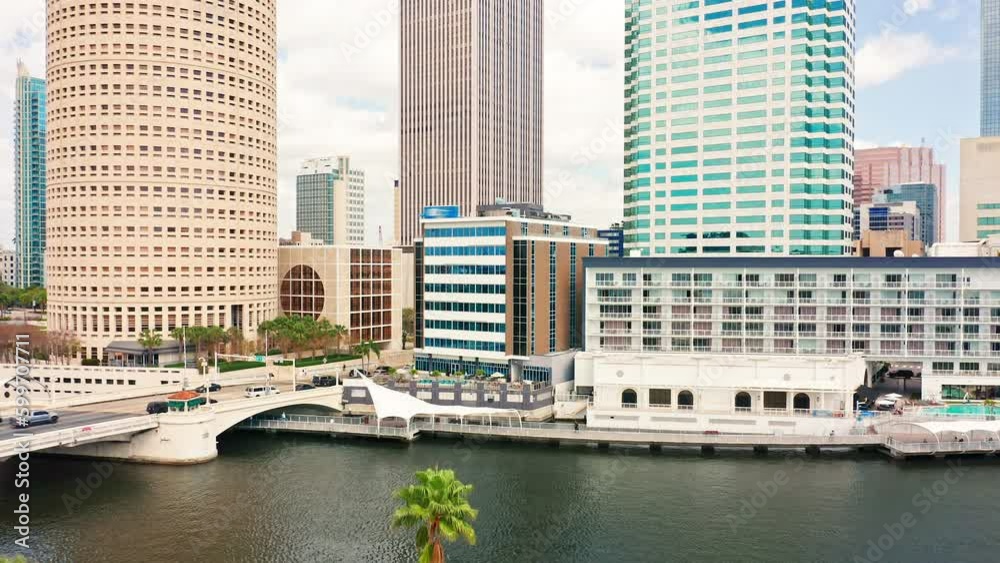 Aerial view of Tampa, Florida skyline, with slow camera lift-up Tampa is a city on the Gulf Coast of the U.S. state of Florida.