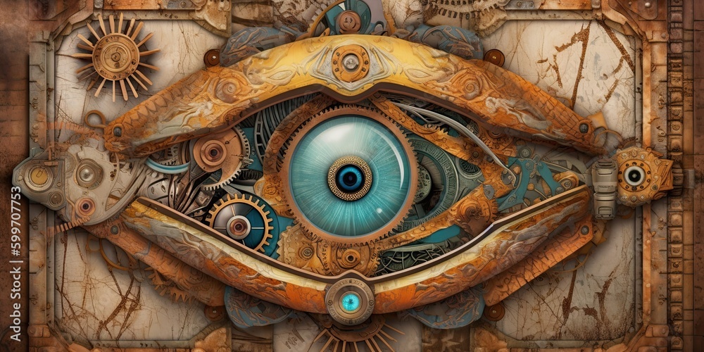 Steampunk background made of brass with an eye-looking feature - generative AI art