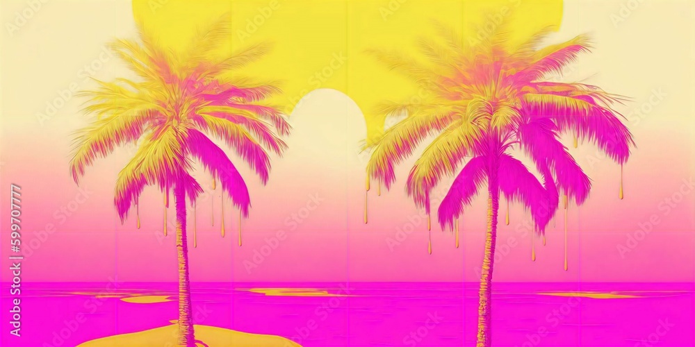A drawing of a palm tree on a pink and yellow background, an abstract drawing - generative AI