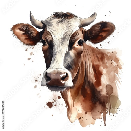 Portrait of a cow in a white background, Generative Ai