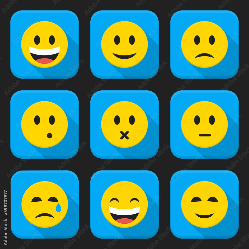 Flat style vector illustrations with long shadows; Yellow smiling faces squared app icon set Flat style vector illustrations with long shadows; Yellow smiling faces squared app icon set