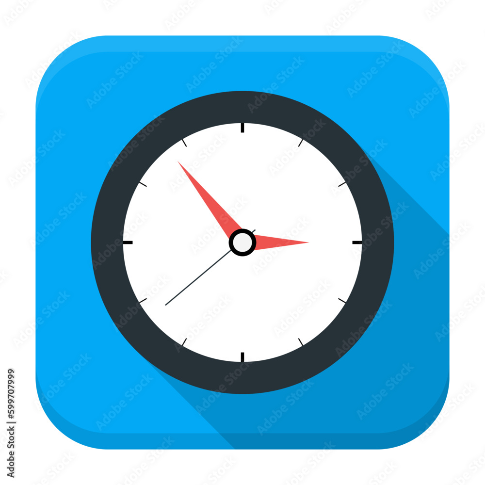 Clock app icon with long shadow. Flat stylized square app icon with long shadow Clock app icon with long shadow. Flat stylized square app icon with long shadow