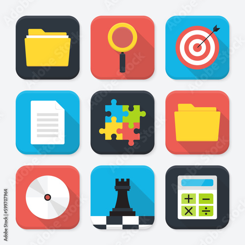 Flat style vector illustrations with long shadows. Office themed squared app icon set
