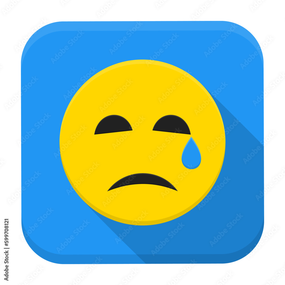 Flat style vector squared app icon. Crying yellow smile app icon with long shadow