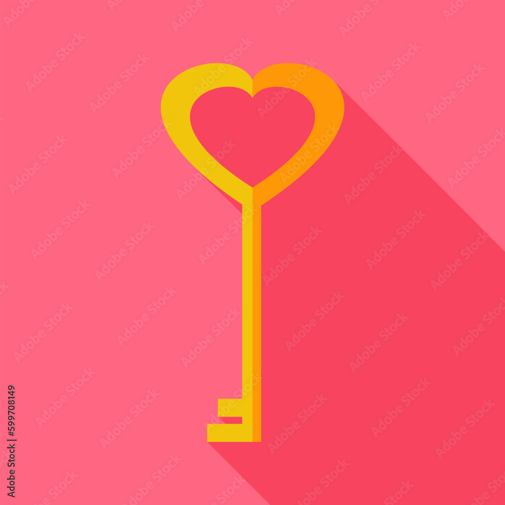 Heart shaped key. Flat stylized object with long shadow