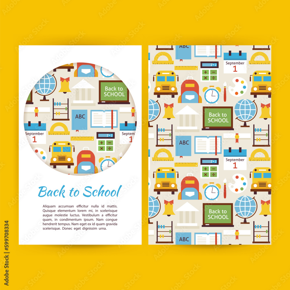 Back to School Business Banners Set Template. Flat Style Vector Illustration of Brand Identity for Science Education and Knowledge Promotion. Colorful Pattern for Advertising Back to School Business Banners Set Template. Flat Style Vector Illustration of Brand Identity for Science Education and Knowledge Promotion. Colorful Pattern for Advertising
