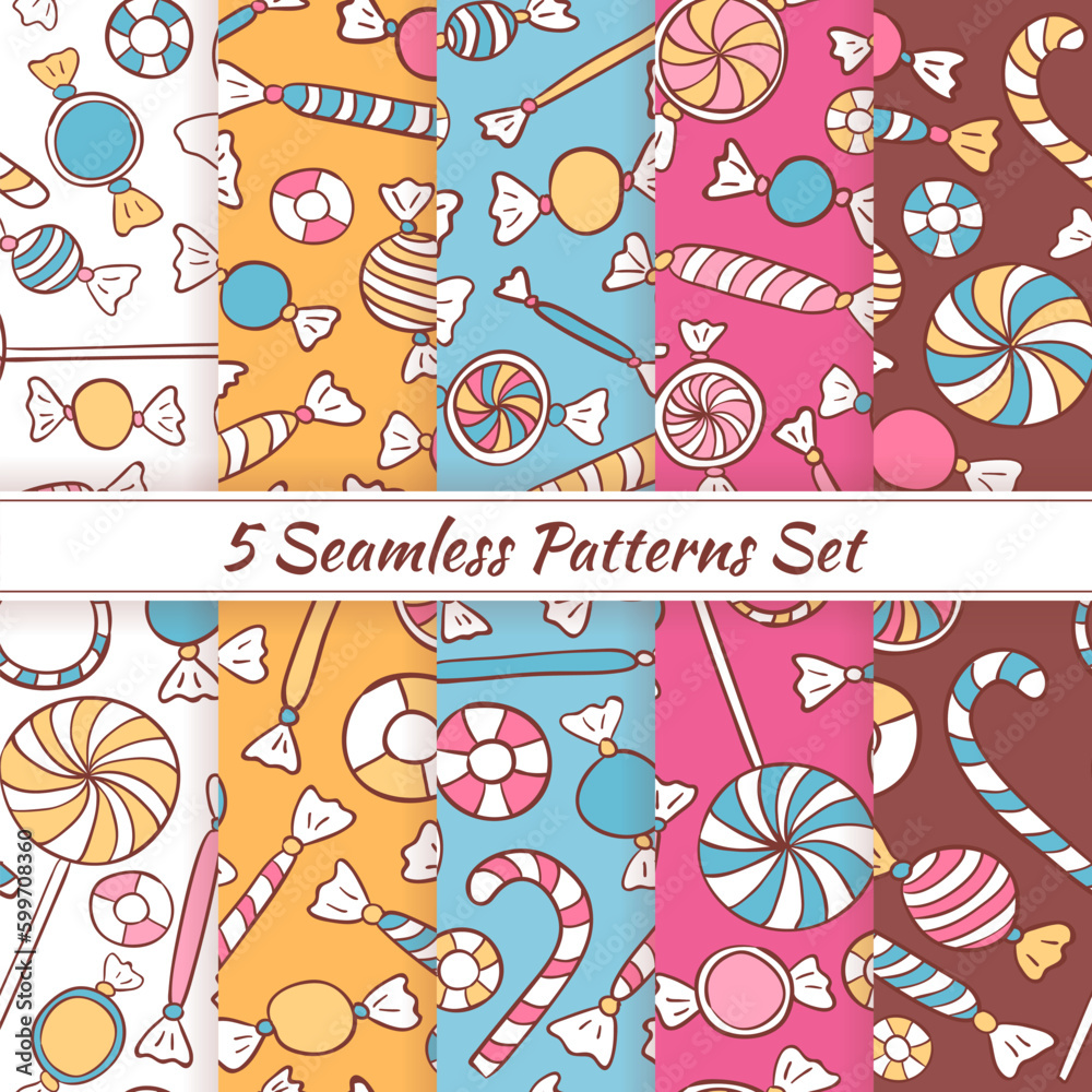 Sketch Doodle Candies Sweets Seamless Patterns Set. Vector 5 Seamless Colorful Pattern Backgrounds. Hand Drawn Cafe, Shop, Food and Restaurant Dessert Templates.