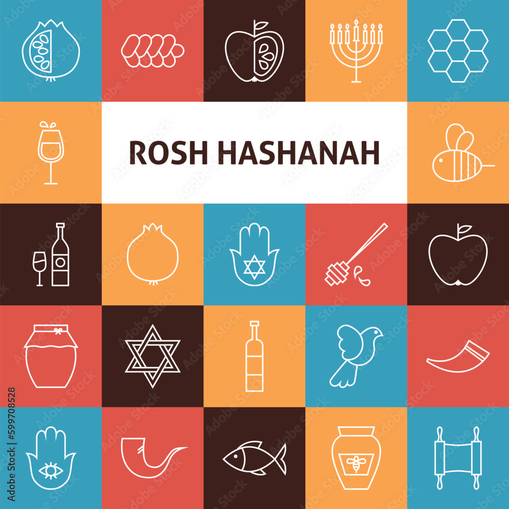 Line Art Rosh Hashanah Jewish New Year Holiday Icons Set. Vector Collection of 25 Modern Line Icons for Web and Mobile. Israel Traditional Bundle Line Art Rosh Hashanah Jewish New Year Holiday Icons Set. Vector Collection of 25 Modern Line Icons for Web and Mobile. Israel Traditional Bundle