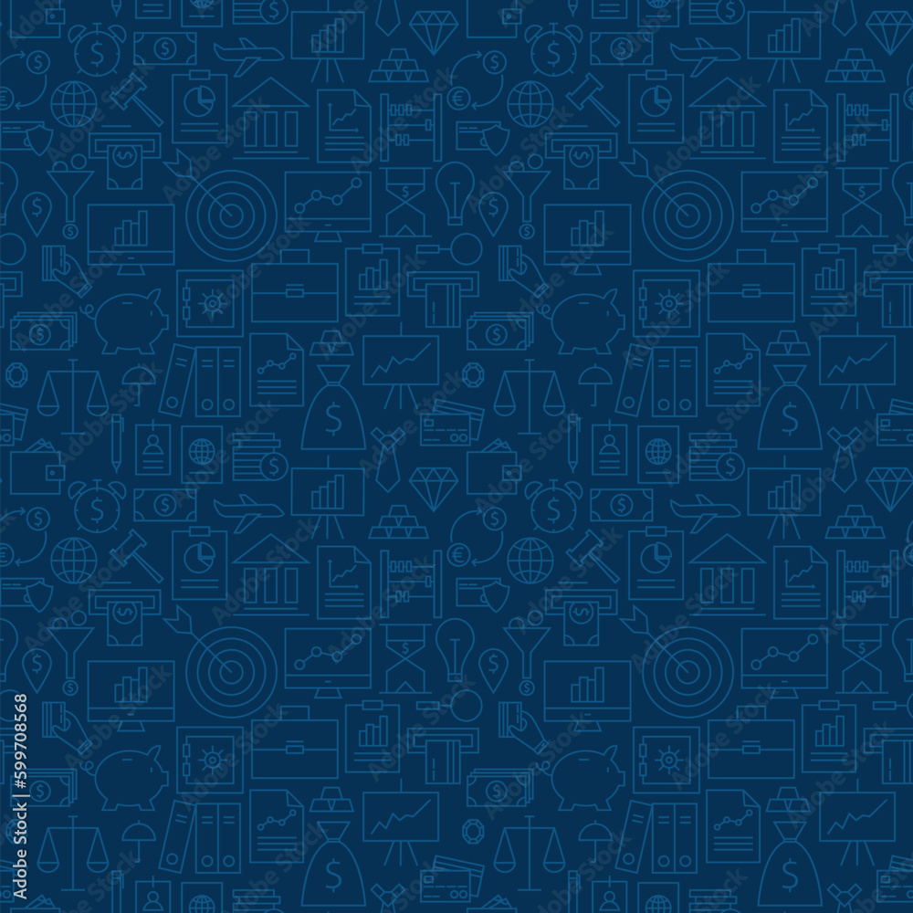 Thin Banking Line Business Finance Dark Blue Seamless Pattern. Vector Money Design and Seamless Background in Trendy Modern Line Style. Thin Outline Art