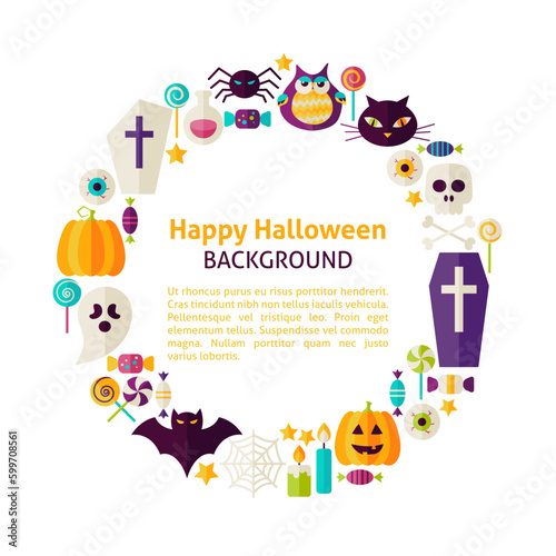 Flat Style Vector Circle Template Collection of Halloween Holiday Objects over White. Set of Trick or Treat Items Isolated over white. Template with Design Elements and Text