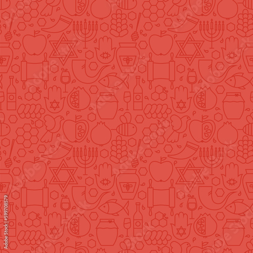 Thin Holiday Line Jewish New Year Red Seamless Pattern. Vector Rosh Hashanah Design and Seamless Background in Trendy Modern Line Style. Thin Outline Art. Israel Judaism Religion
