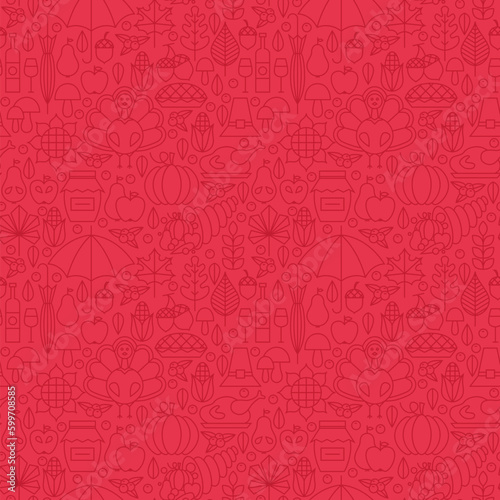 Thin Holiday Line Thanksgiving Day Red Seamless Pattern. Vector Autumn Thanksgiving Dinner Design and Seamless Background in Trendy Modern Line Style. Thin Outline Art. Traditional National Celebratio