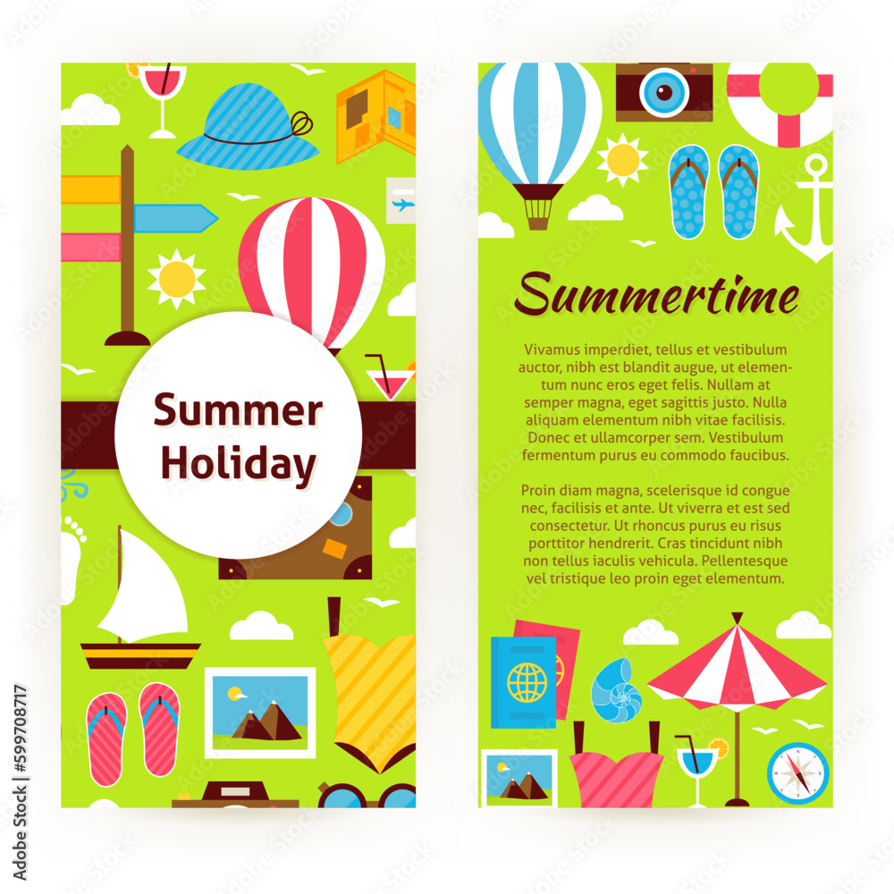 Vector Flyer Template of Flat Design Summer Holiday Concept Objects and Elements. Flat Style Design Vector Illustration of Brand Identity for Vacation and Beach Resort Promotion. Colorful Pattern for 