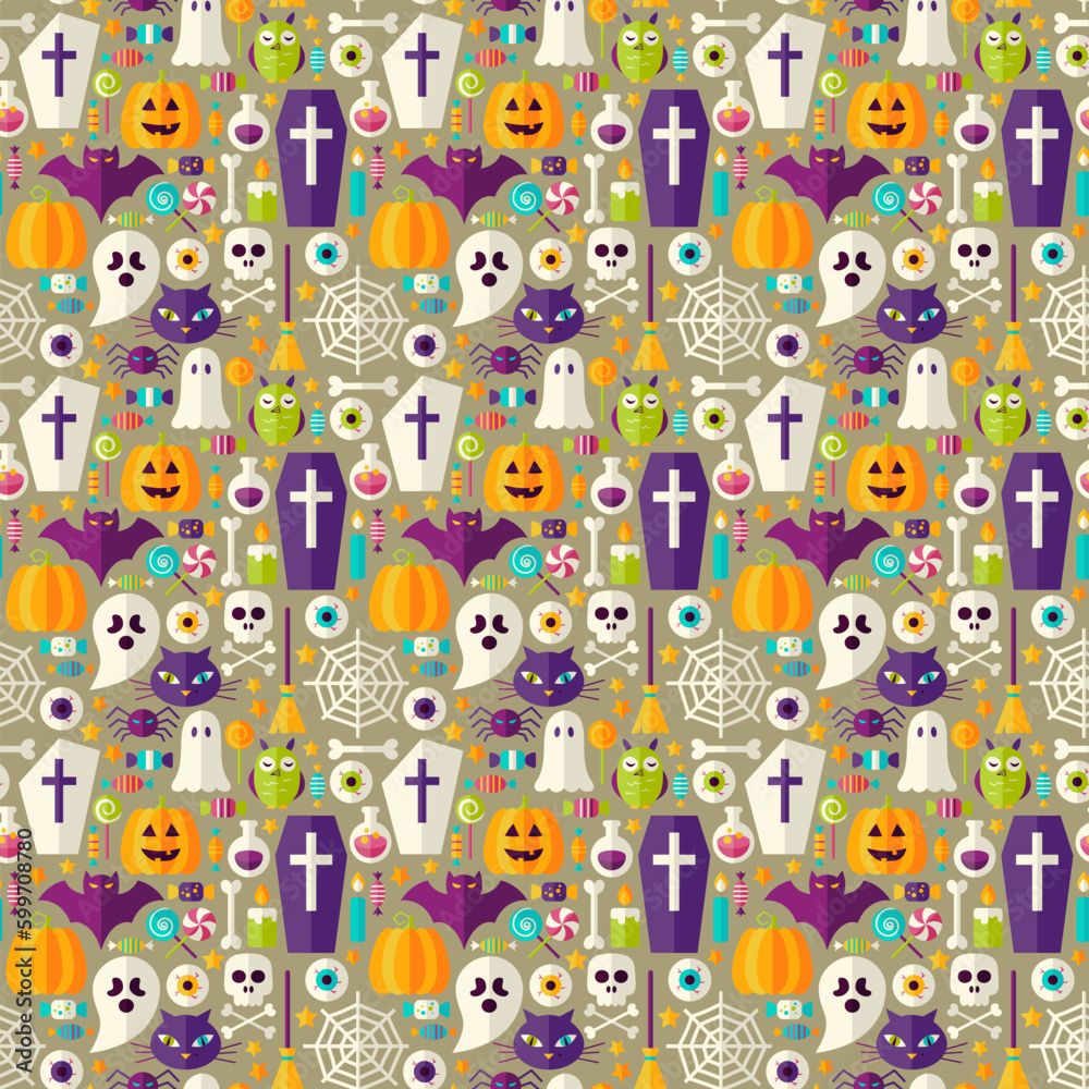 Naklejka premium Beige Halloween Party Seamless Pattern. Flat Design Vector Seamless Texture Background. Halloween Holiday Template. Trick or Treat
