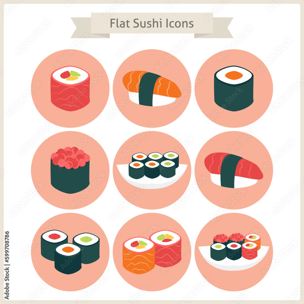 Flat Big Sushi Set Circle Icons. Set of Japanese Food. Vector Illustration. Flat Circle Icons for web. Sushi rolls and sashimi. Restaurant food. Asian Menu