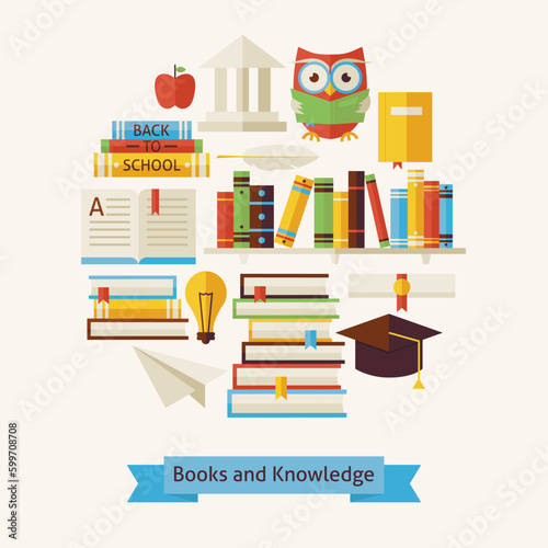 Vector Flat Style Books Education and Knowledge Objects Concept. Flat Design Vector Illustration. Collection of Wisdom Library and Reading Books Colorful Objects. Set of School University and Learning