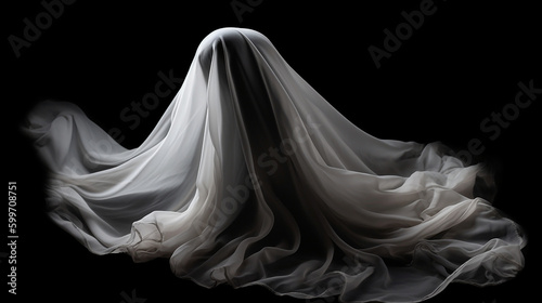 a white cloak dressed ghost is sitting in the dark