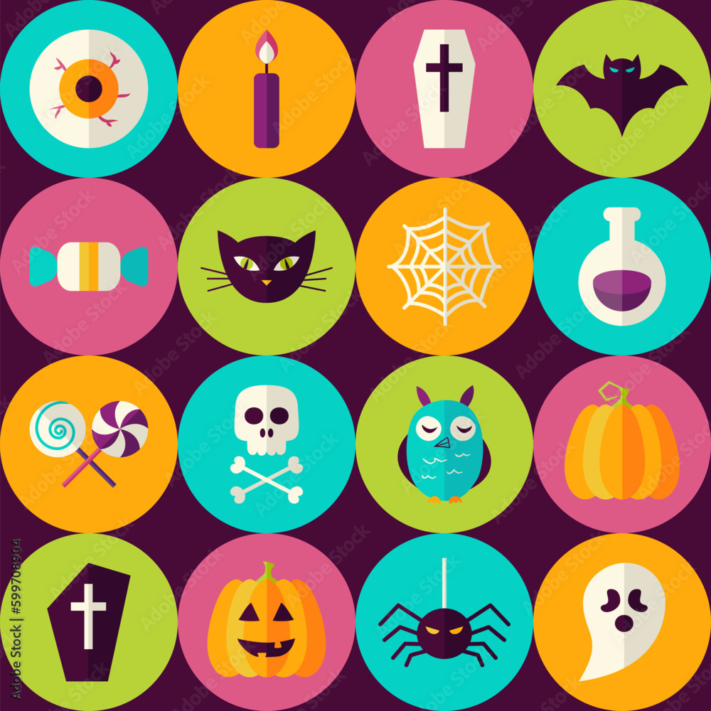 Fototapeta premium Flat Halloween Party Trick or Treat Seamless Pattern with Colorful Circles. Scary Halloween October Holiday Seamless Background Template.