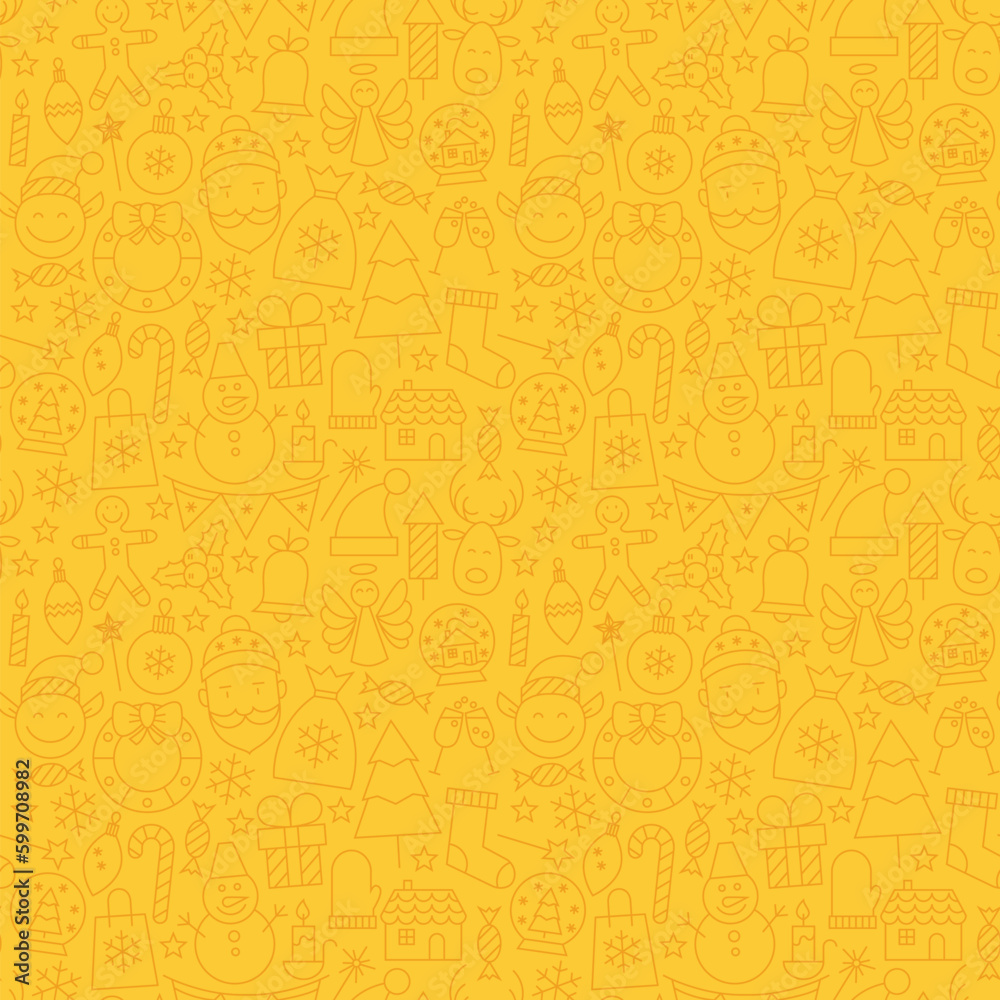 Line Art Happy New Year Seamless Yellow Pattern. Vector Winter Party Design Background in Modern Line Style. Thin Outline Art. Merry Christmas